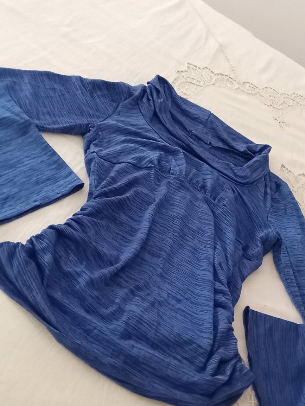Vintage 70s Indigo Blue Cowl Neck Bell Sleeve Top Ruched Boho Disco